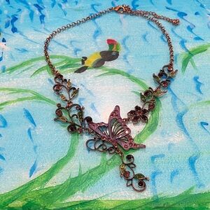Butterfly Floral Necklace in Pink and Green